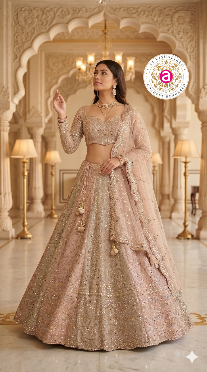 Blush Beige Designer Lehenga Set with Embellished Blouse and Net Dupatta