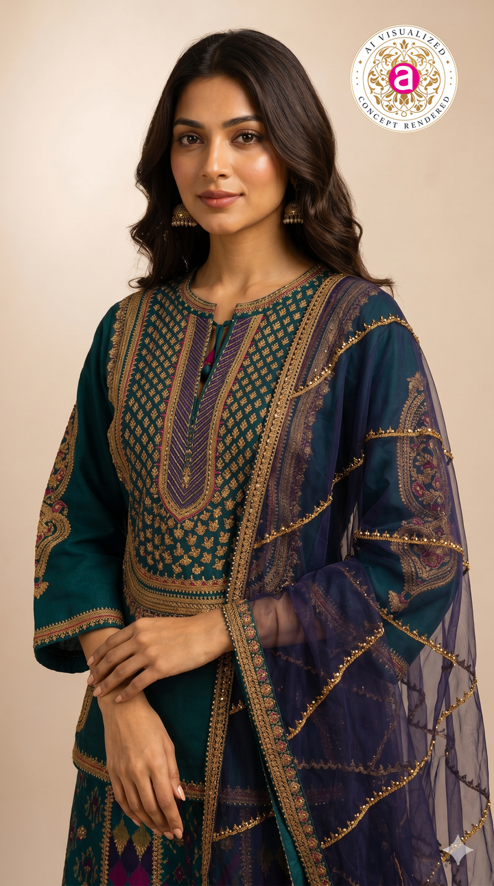 Teal Blue Indo-Western Sharara Set with Embroidered Kurti & Organza Dupatta