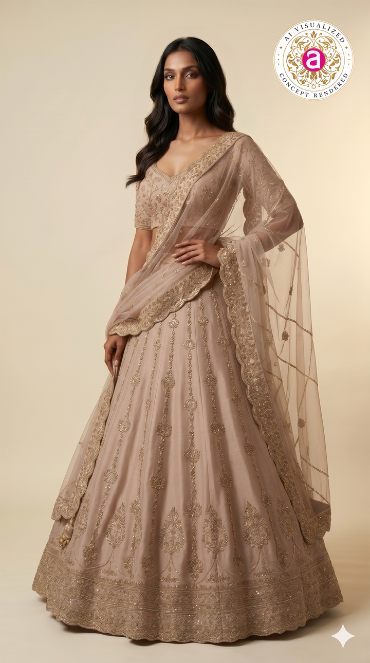 Champagne Beige Designer Bridal Lehenga Set with Heavy Zari Embroidery & Net Dupatta