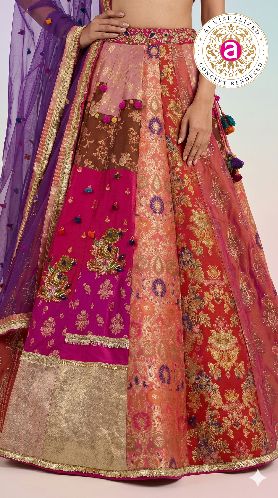 Rani Pink & Multicolour Banarasi Woven Designer Lehenga Choli with Purple Net Dupatta