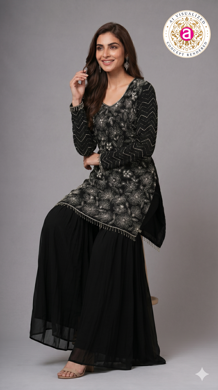 Black Embroidered Kurta Sharara Set