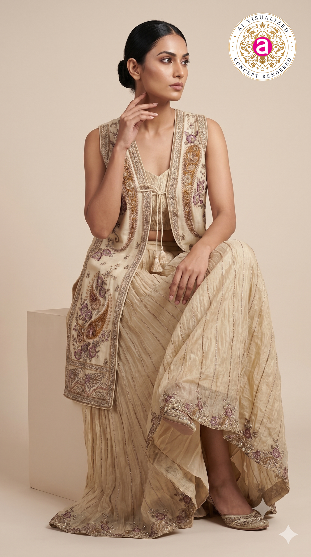 Champagne Embroidered Jacket Style Sharara Set with Crop Top