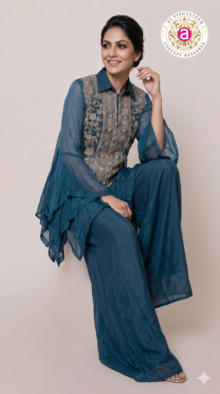 Teal Blue Embroidered Cape Style Designer Co-Ord Set