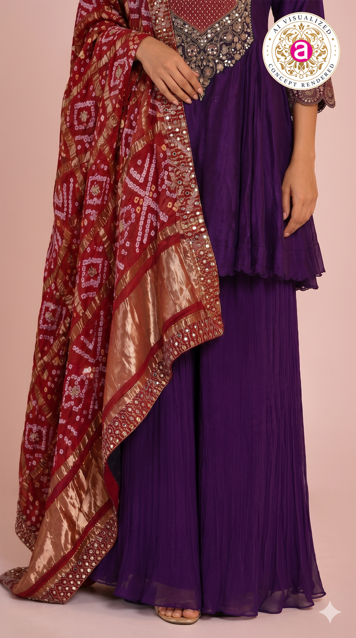 Royal Purple Embroidered Designer Sharara Set with Bandhani Dupatta