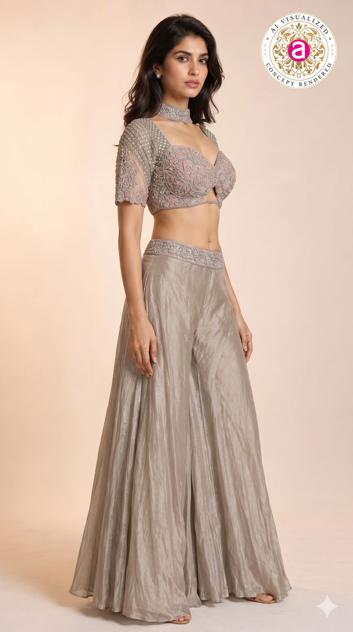 Dusty Rose Embellished Crop Top & Flared Palazzo Set