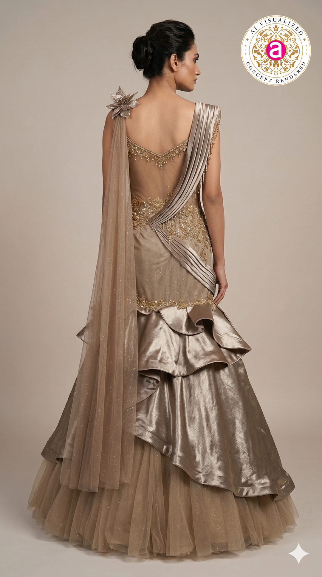 Champagne Beige Embellished Mermaid Gown with Sculpted Ruffle Detailing