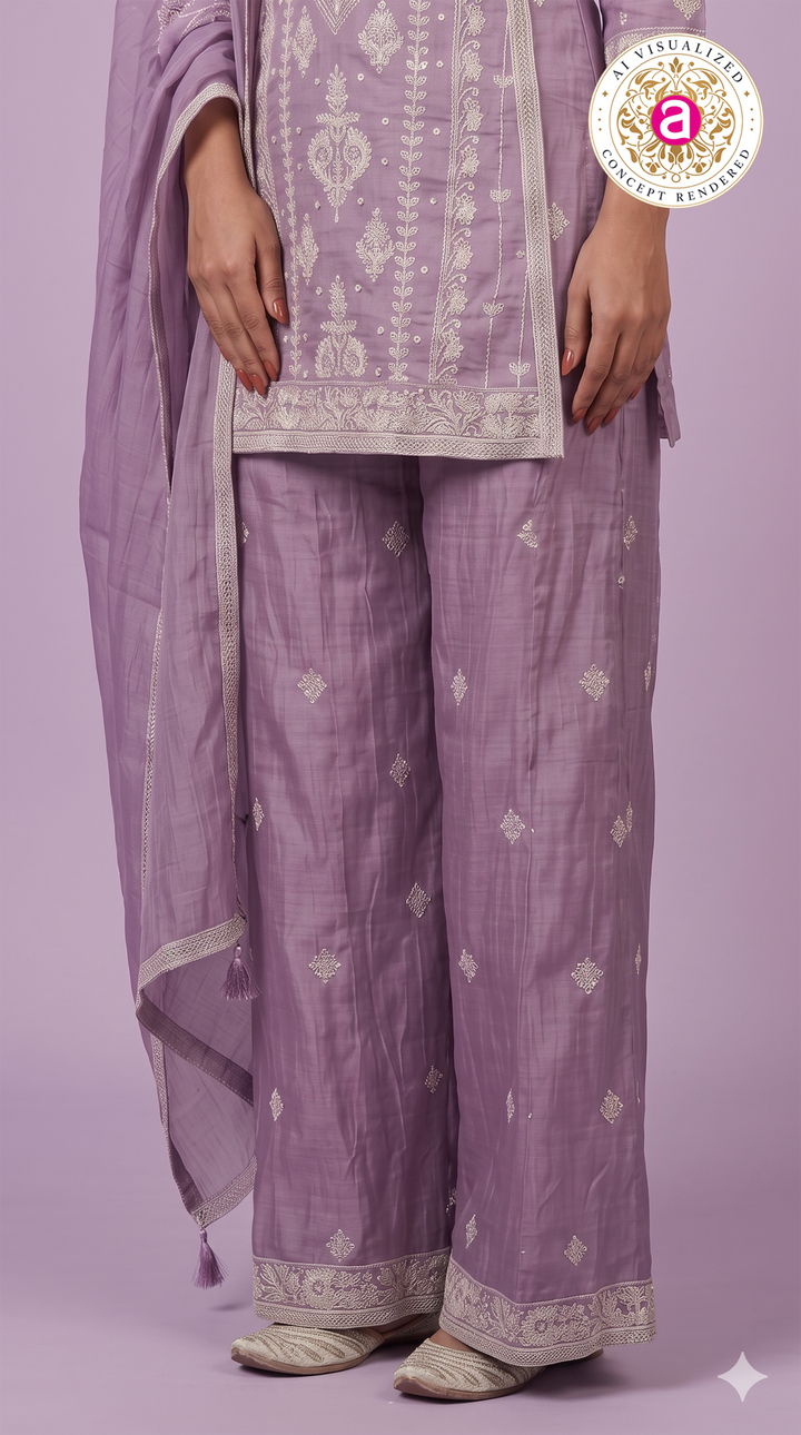 Lilac Embroidered Kurta Palazzo Set with Dupatta
