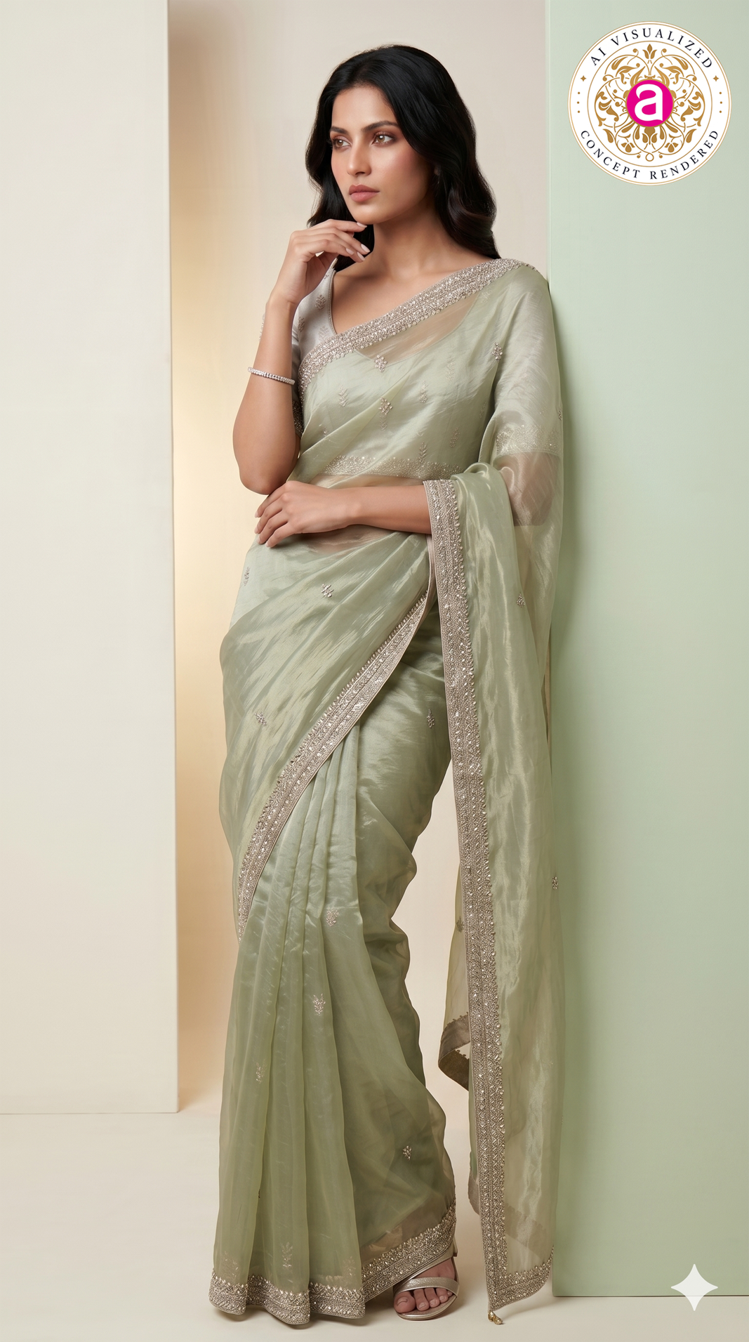 Sage Green Organza Silk Saree with Hand Embroidered Border