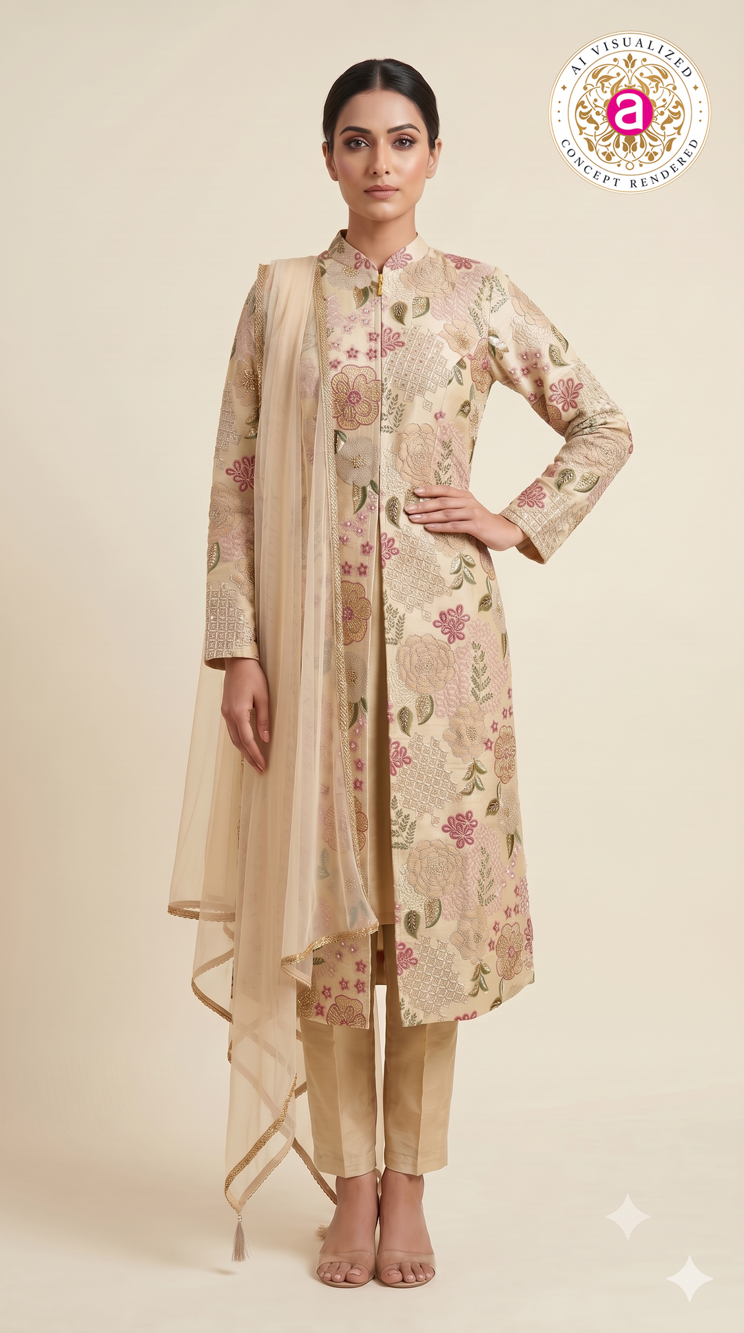 Blush Ivory Floral Embroidered Straight Suit SetBlush Ivory Floral Embroidered Straight Suit Set