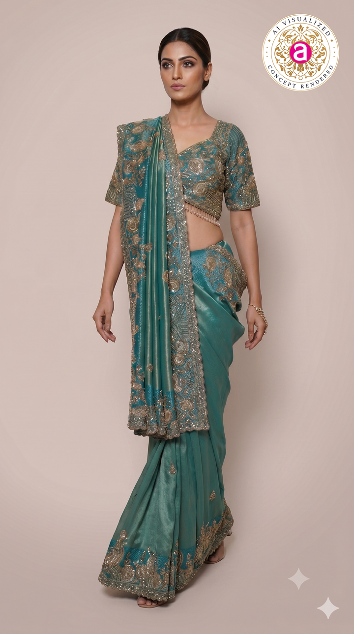Teal Blue Designer Saree with Antique Gold Embroidered Blouse