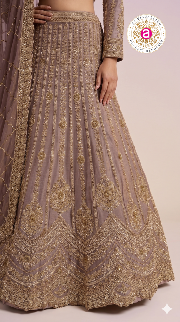 Mauve Gold Designer Lehenga Set with Intricate Zari Embroidery & Embellished Dupatta