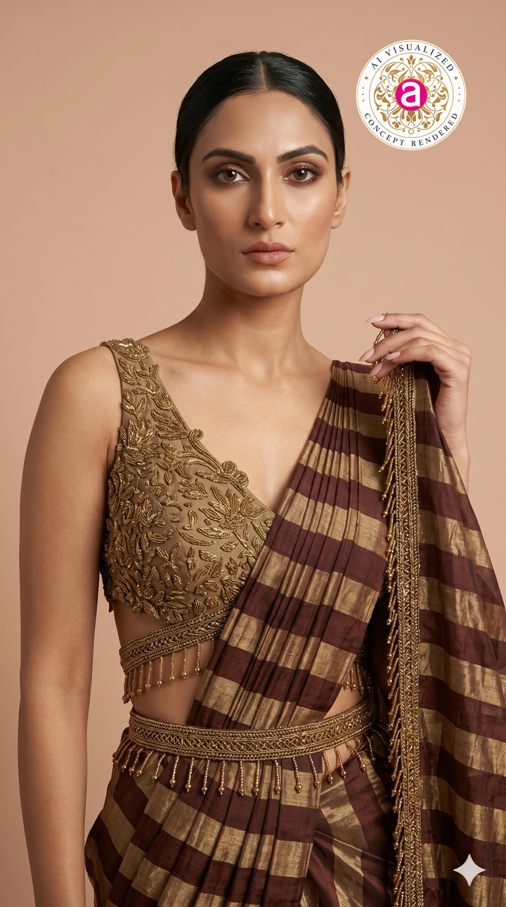 Wine Brown Ready to Wear Saree with Embellished Designer Blouse & Metallic Stripes