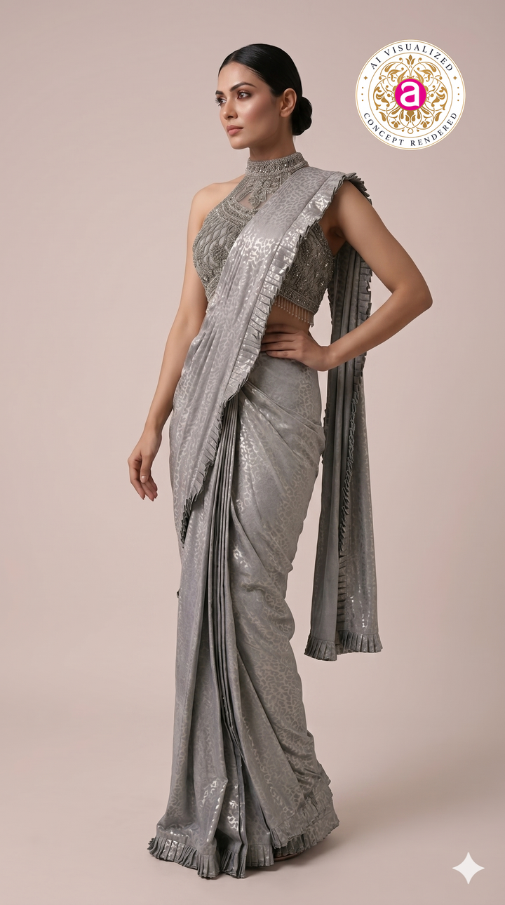 Steel Grey Ready to Wear Saree with Embellished Halter Blouse