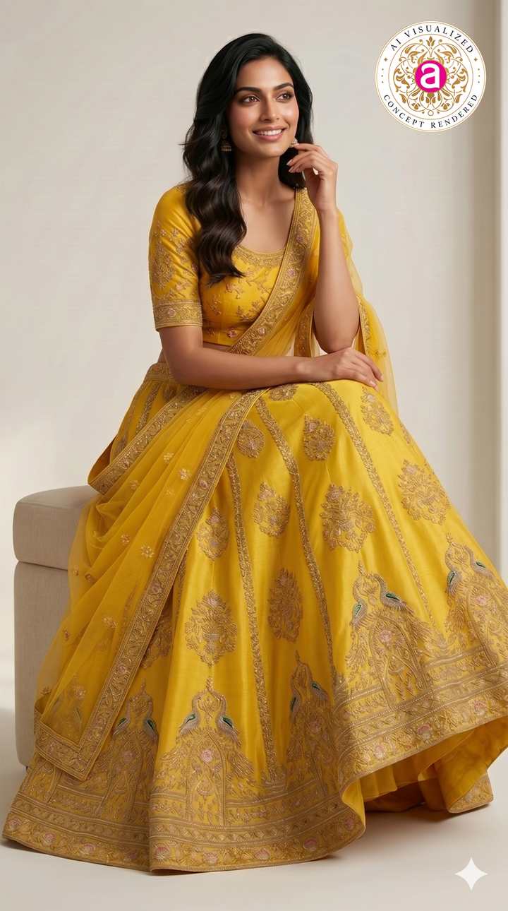 Mustard Yellow Designer Silk Lehenga Set with Heavy Zari Embroidery & Net Dupatta
