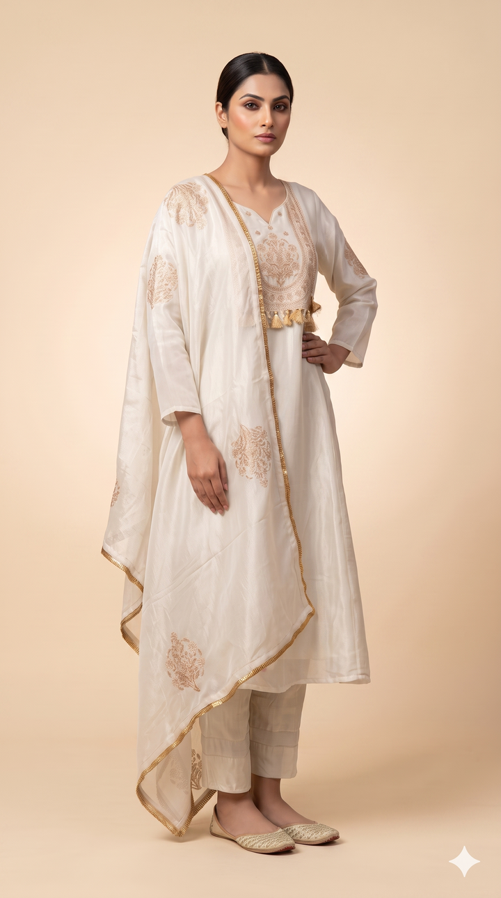 Ivory Embroidered Kurta Palazzo Set with Dupatta
