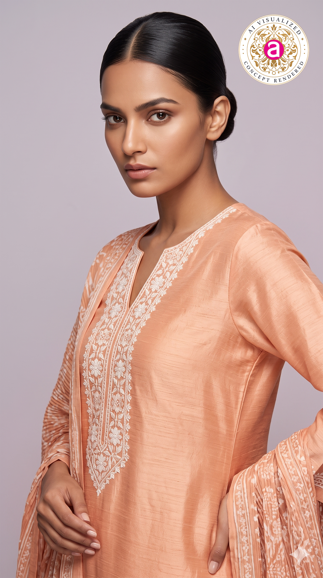 Peach Embroidered Straight Kurta Set with Matching Pants & Dupatta