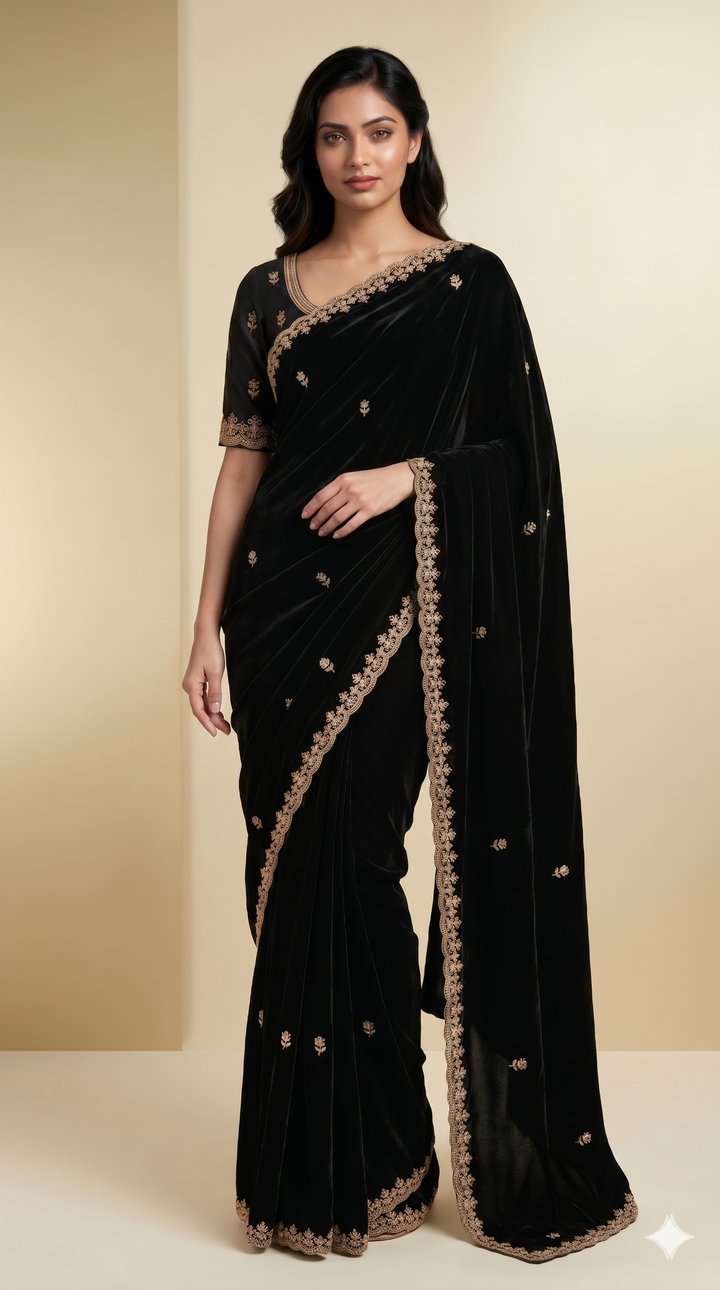 Black Pure Chinon Handwork Saree with Zardosi, Beads & Pearl Work