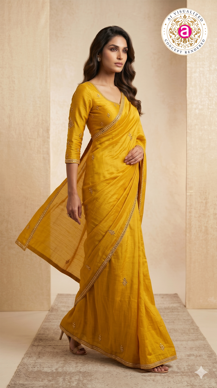Mustard Yellow Mirror Work Designer Saree with Embellished Blouse