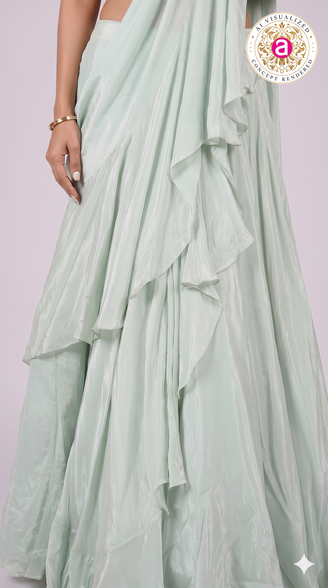 Mint Green Ready-to-Wear Saree with Ruffle Drape & Embellished Designer Blouse