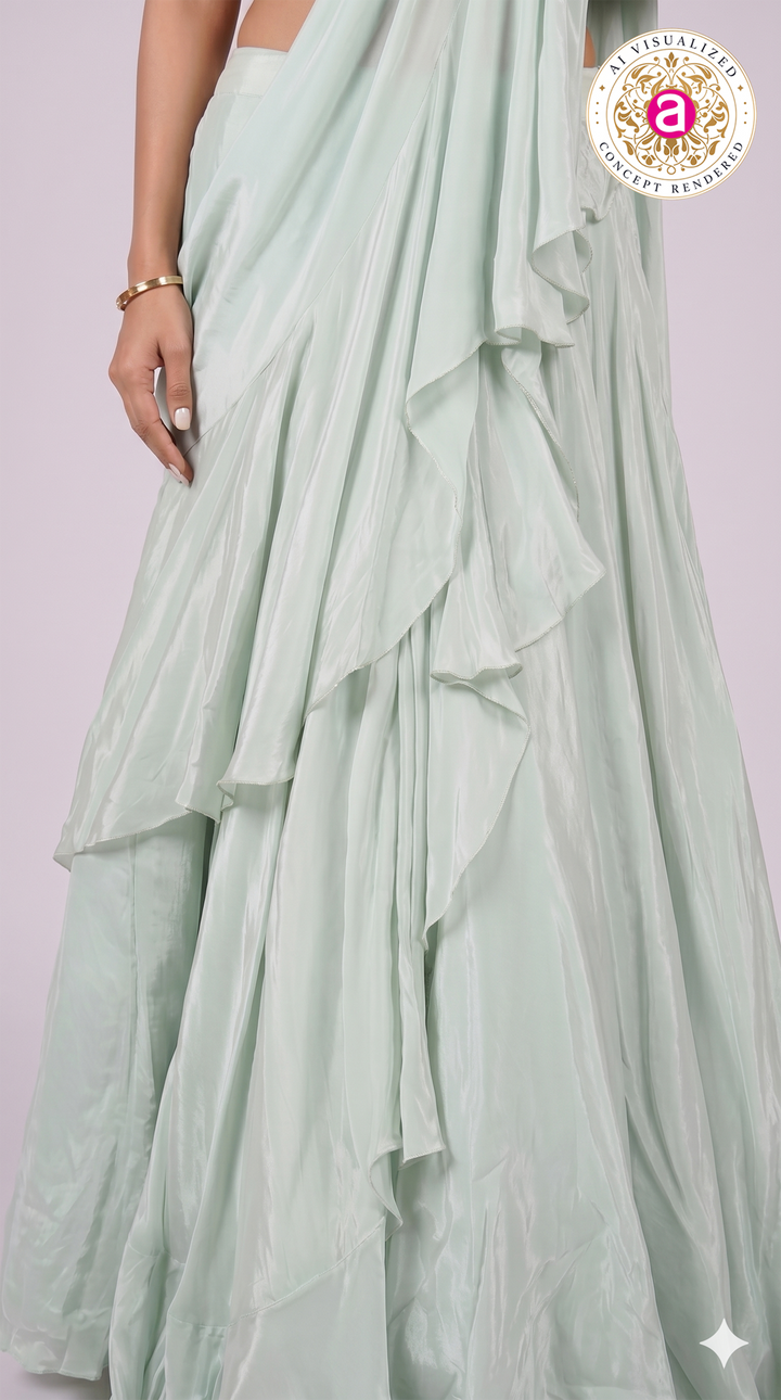 Mint Green Ready-to-Wear Saree with Ruffle Drape & Embellished Designer Blouse