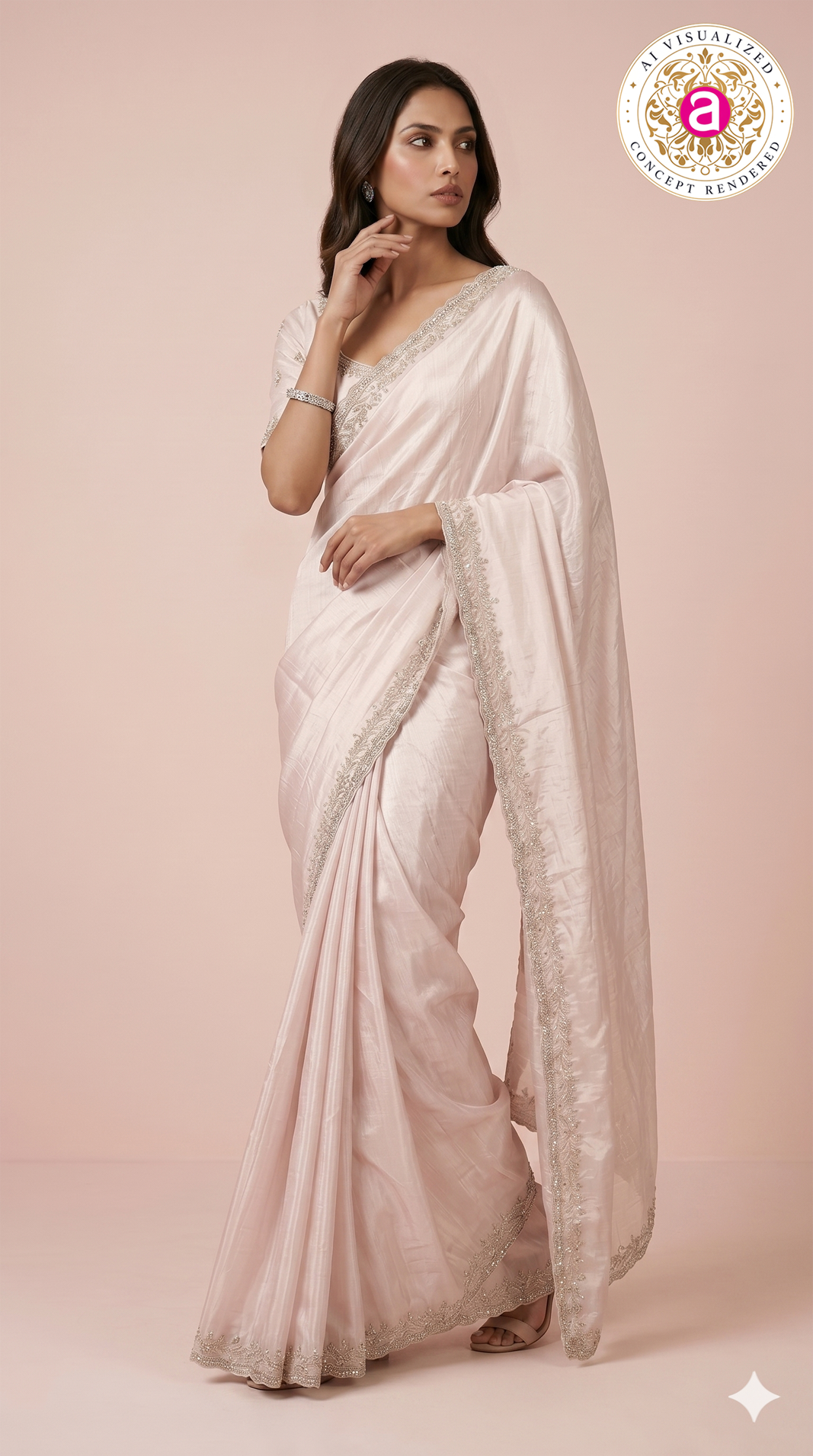 Blush Pink Hand-Embellished Designer Saree with Mirror Work Border