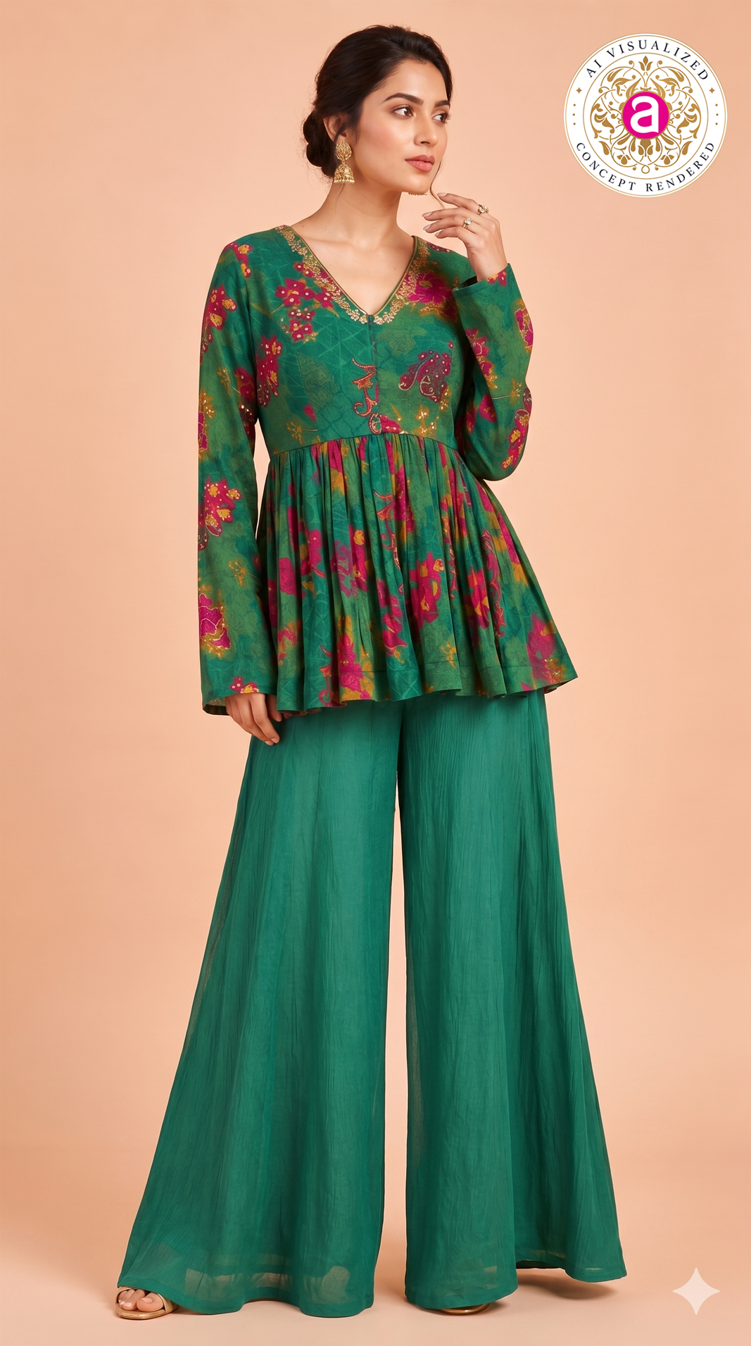 Teal Floral Printed Peplum Top with Palazzo Set