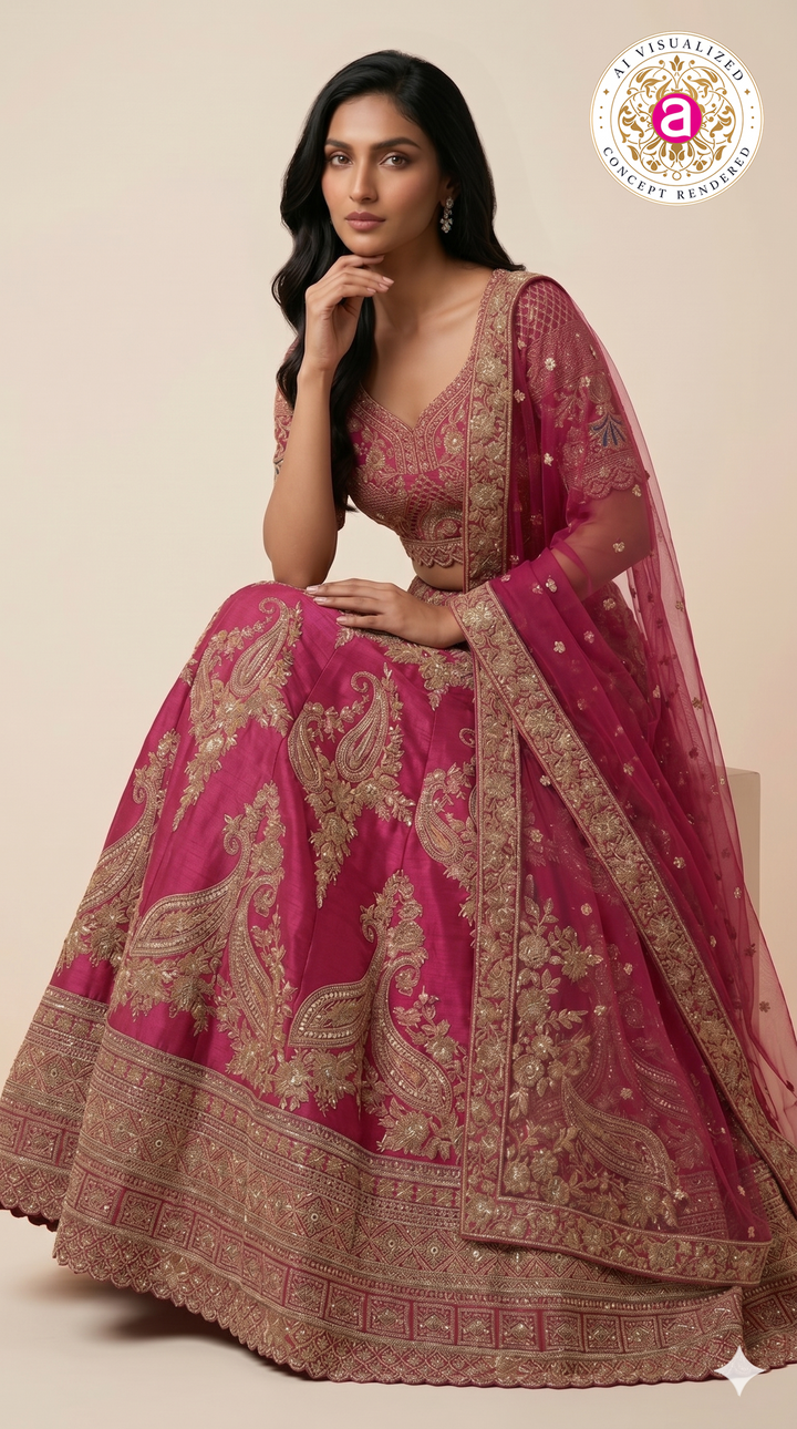 Rani Pink Designer Bridal Lehenga Set with Paisley Zari Embroidery & Embellished Net Dupatta