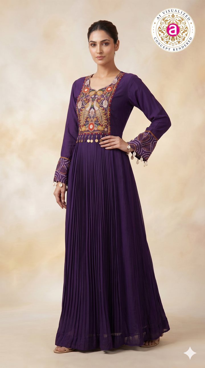 Royal Purple Embroidered Pleated Anarkali Gown