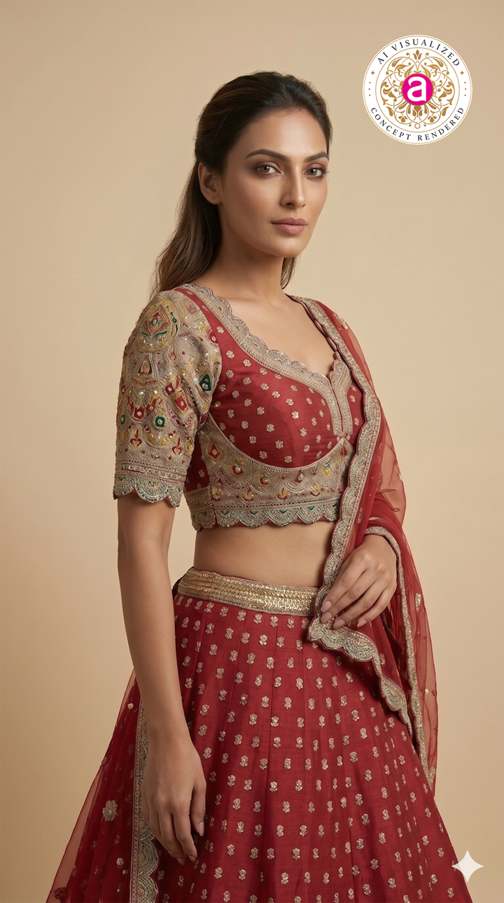 Ruby Red Bridal Lehenga Set with Heritage Embroidered Border & Designer Net Dupatta