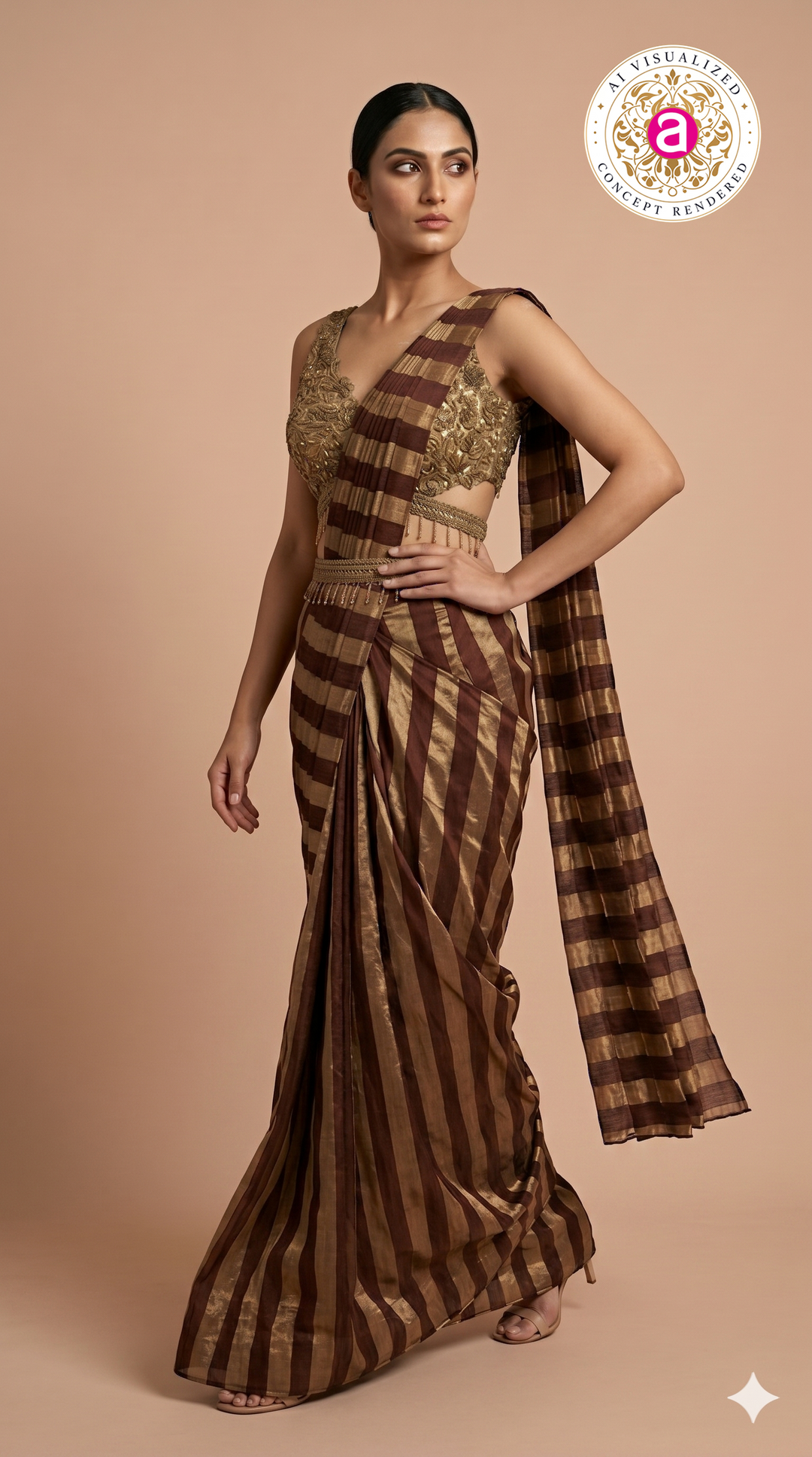 Wine Brown Ready to Wear Saree with Embellished Designer Blouse & Metallic Stripes