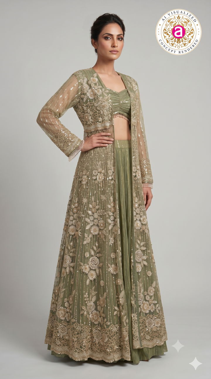 Sage Green Embroidered Jacket Style Lehenga Set with Bralette