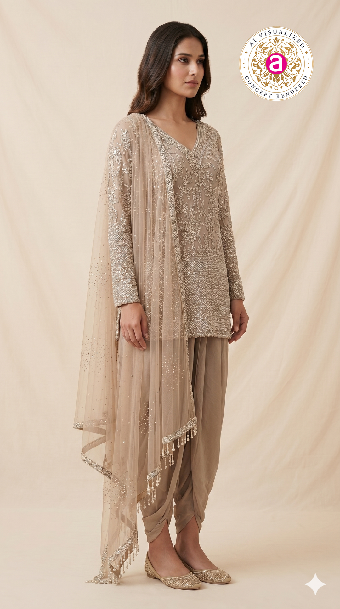 Taupe Beige Heavily Embroidered Kurta Set with Draped Dhoti Pants & Net Dupatta