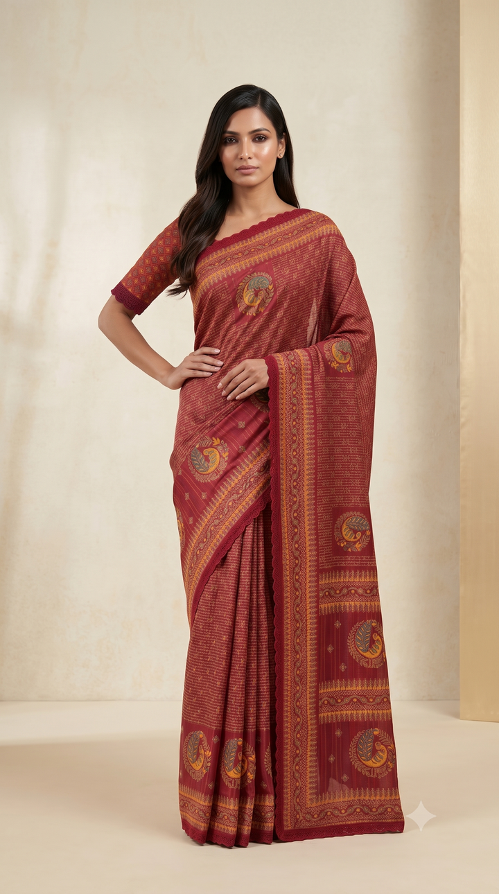 Silk Saree with Paisley Heritage Print & Designer Border