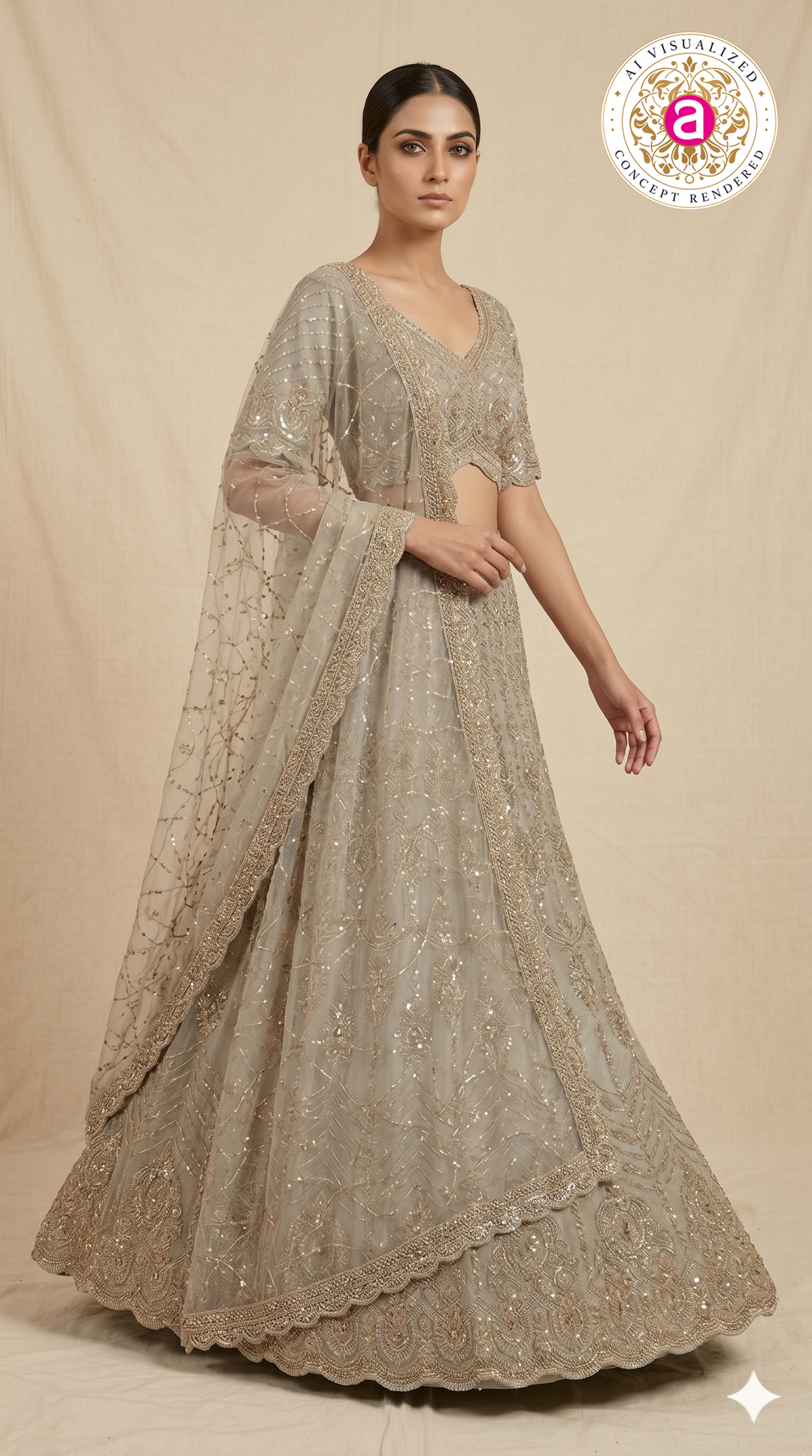 Champagne Beige Designer Lehenga Set with Sequin Embroidery & Embellished Net Dupatta