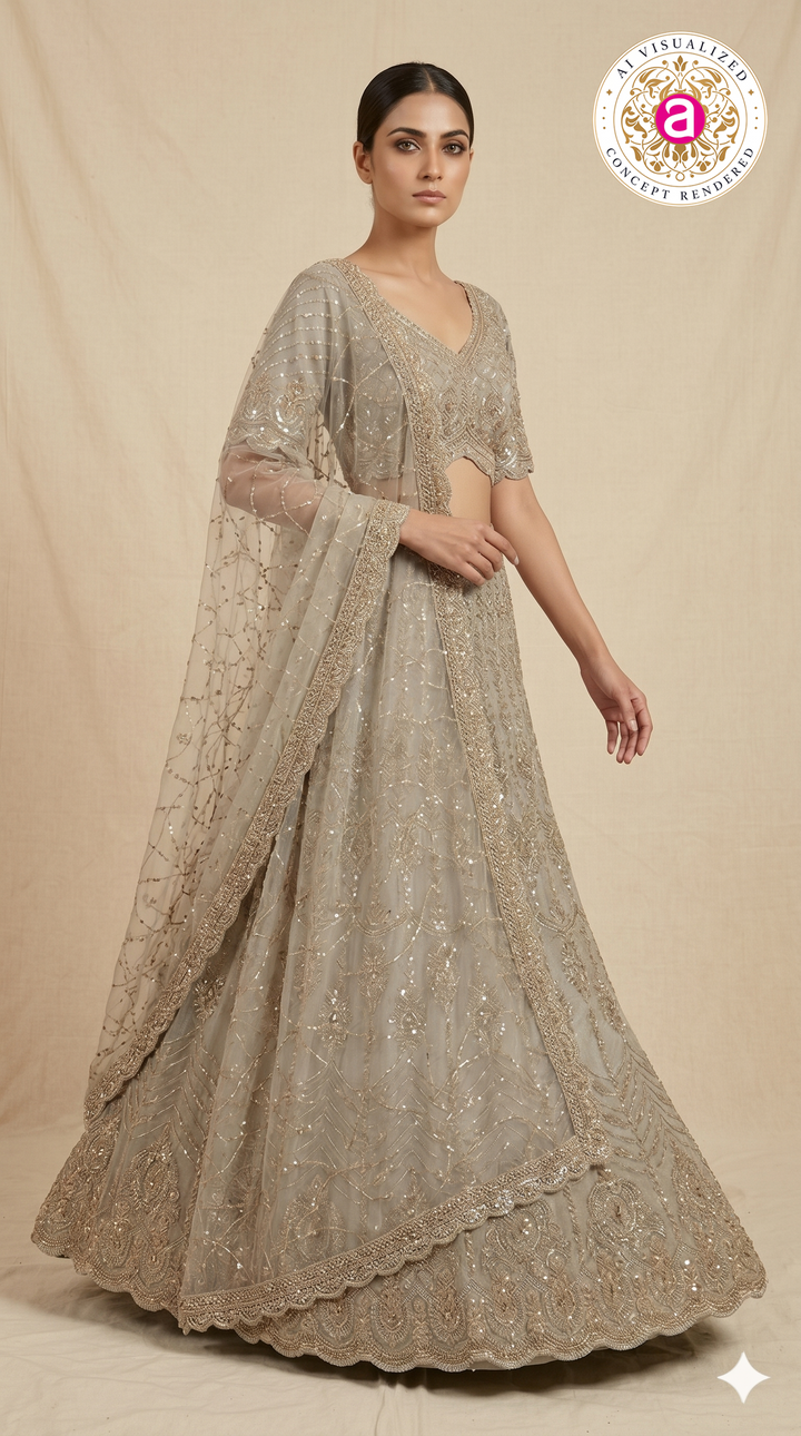 Champagne Beige Designer Lehenga Set with Sequin Embroidery & Embellished Net Dupatta