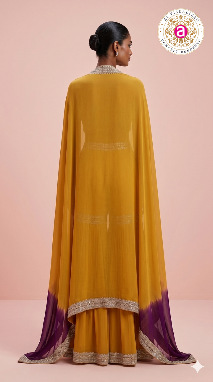 Mustard Yellow Indo-Western Sharara Set with Embroidered Cape Dupatta