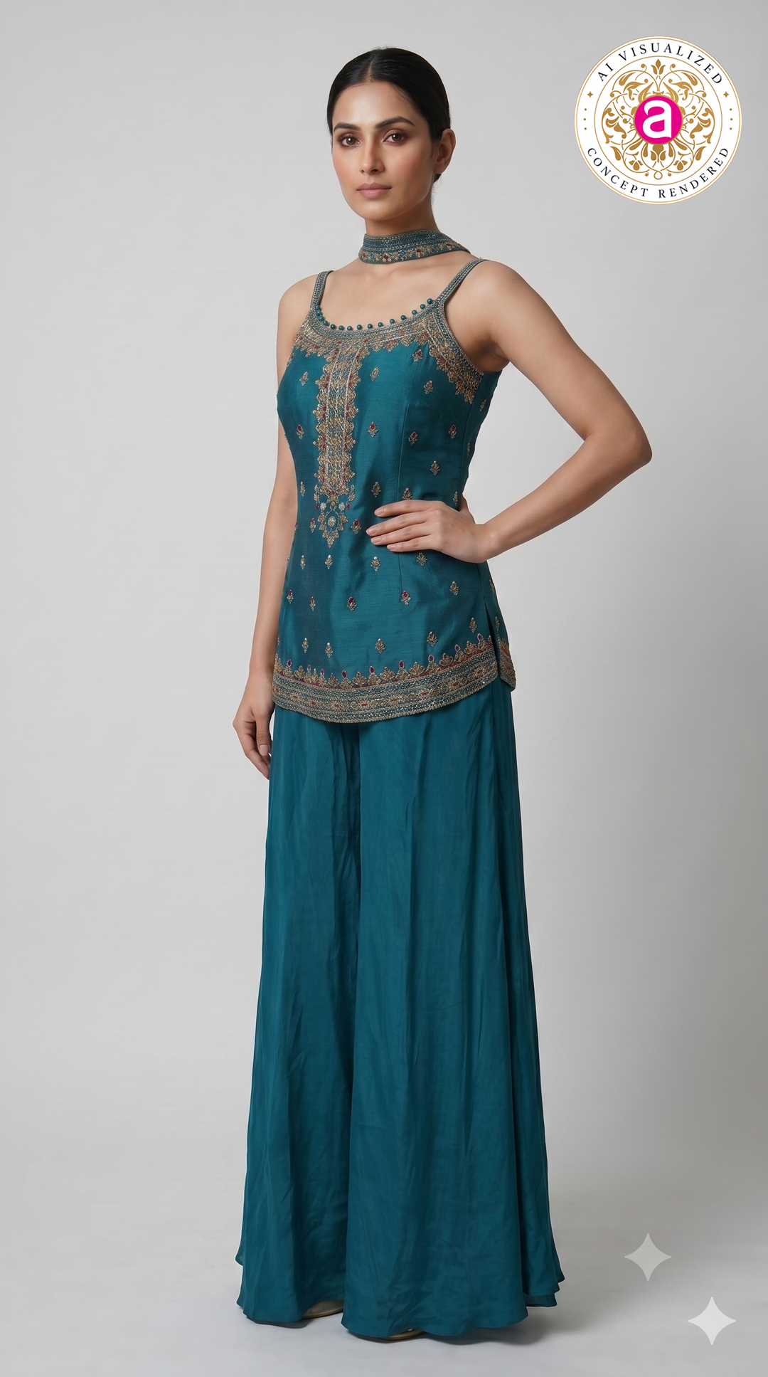 Teal Blue Embroidered Designer Palazzo Set
