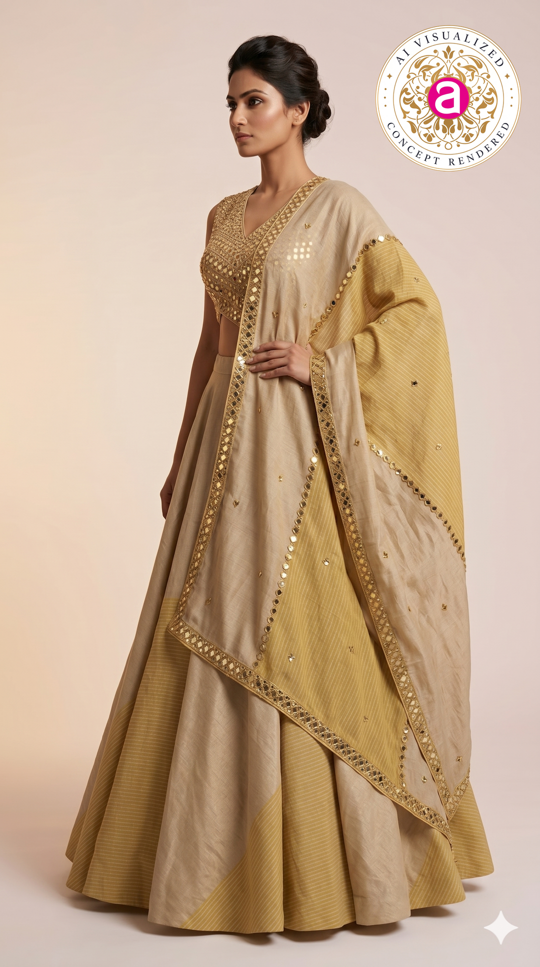 Elegant Beige & Gold Minimal Designer Lehenga Choli with Embellished Blouse & Dupatta
