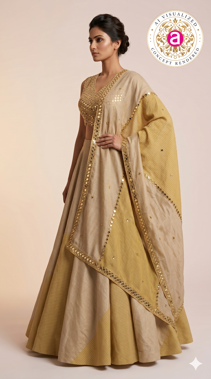 Elegant Beige & Gold Minimal Designer Lehenga Choli with Embellished Blouse & Dupatta