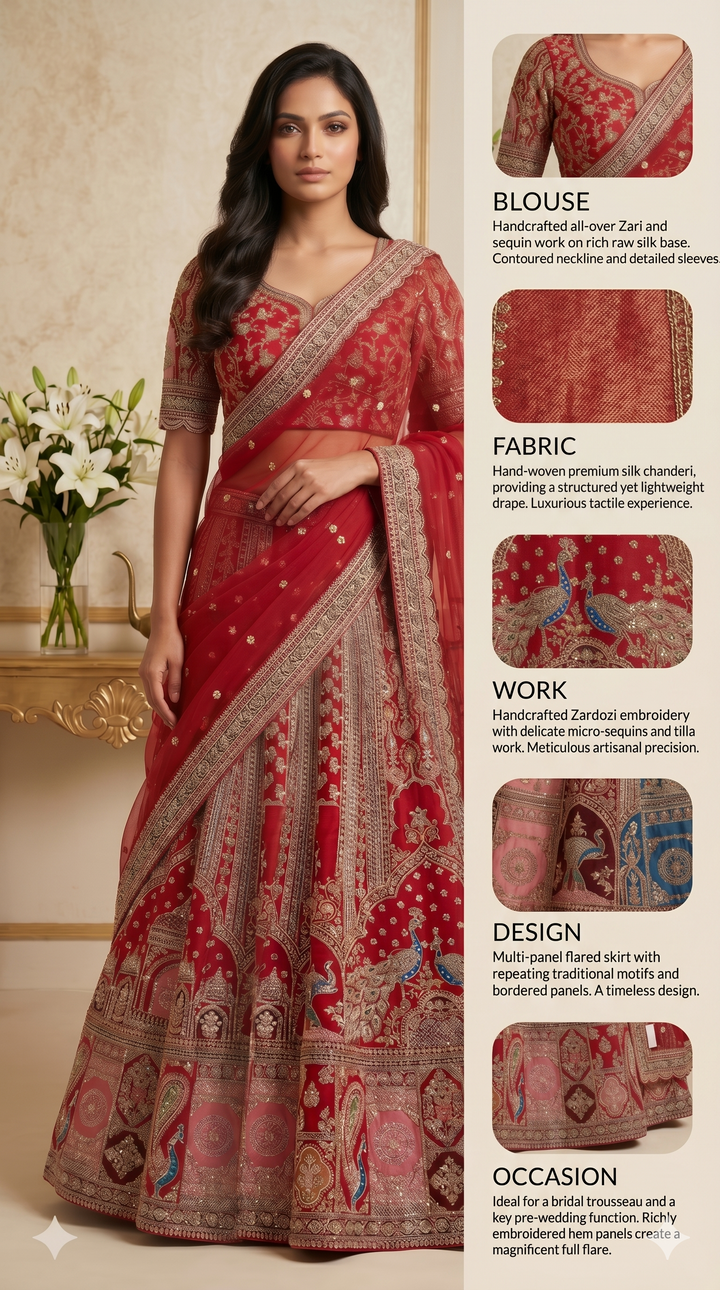 Royal Red Bridal Lehenga Set with Heritage Peacock Embroidery & Designer Net Dupatta