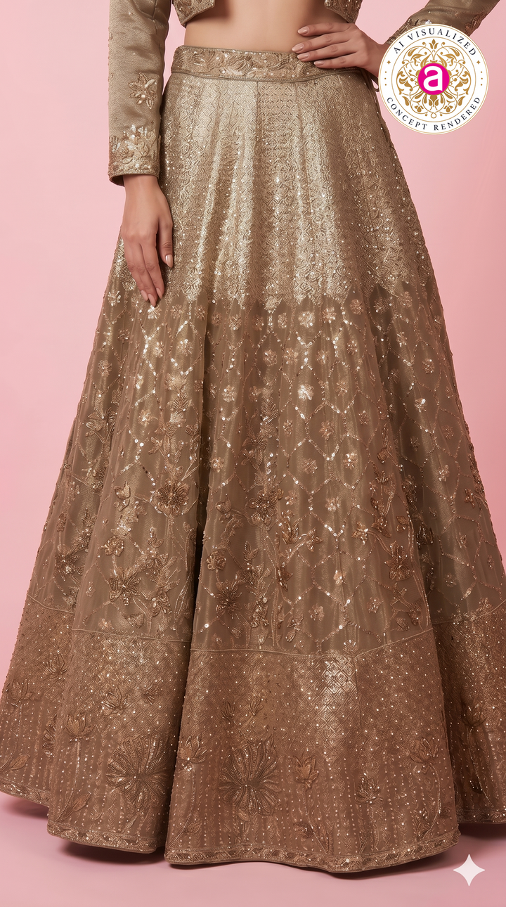 Champagne Gold Embroidered Lehenga Set with Designer Jacket