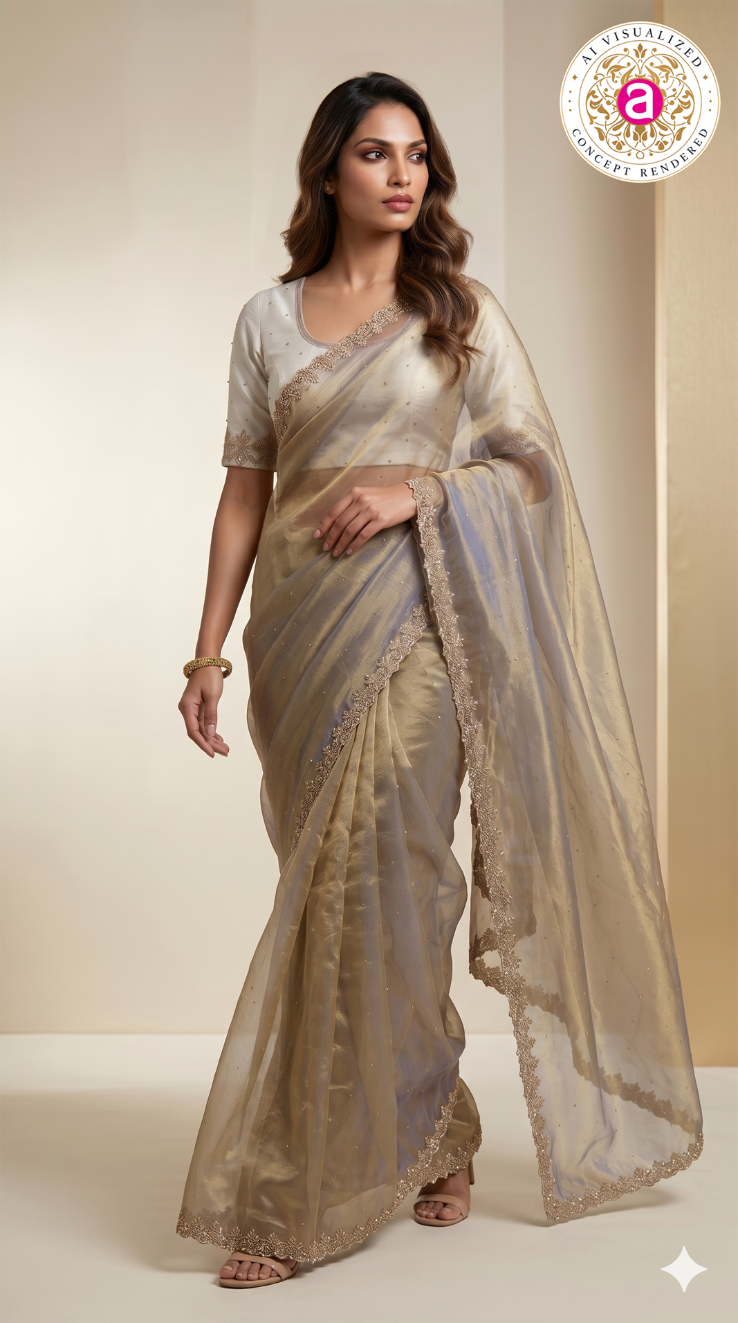 Champagne Grey Organza Saree with Hand Embroidered Border