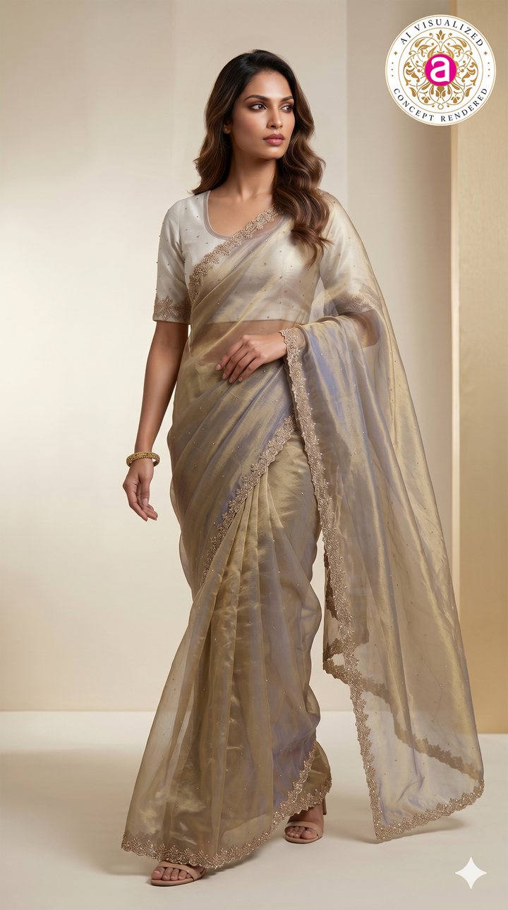 Champagne Grey Organza Saree with Hand Embroidered Border