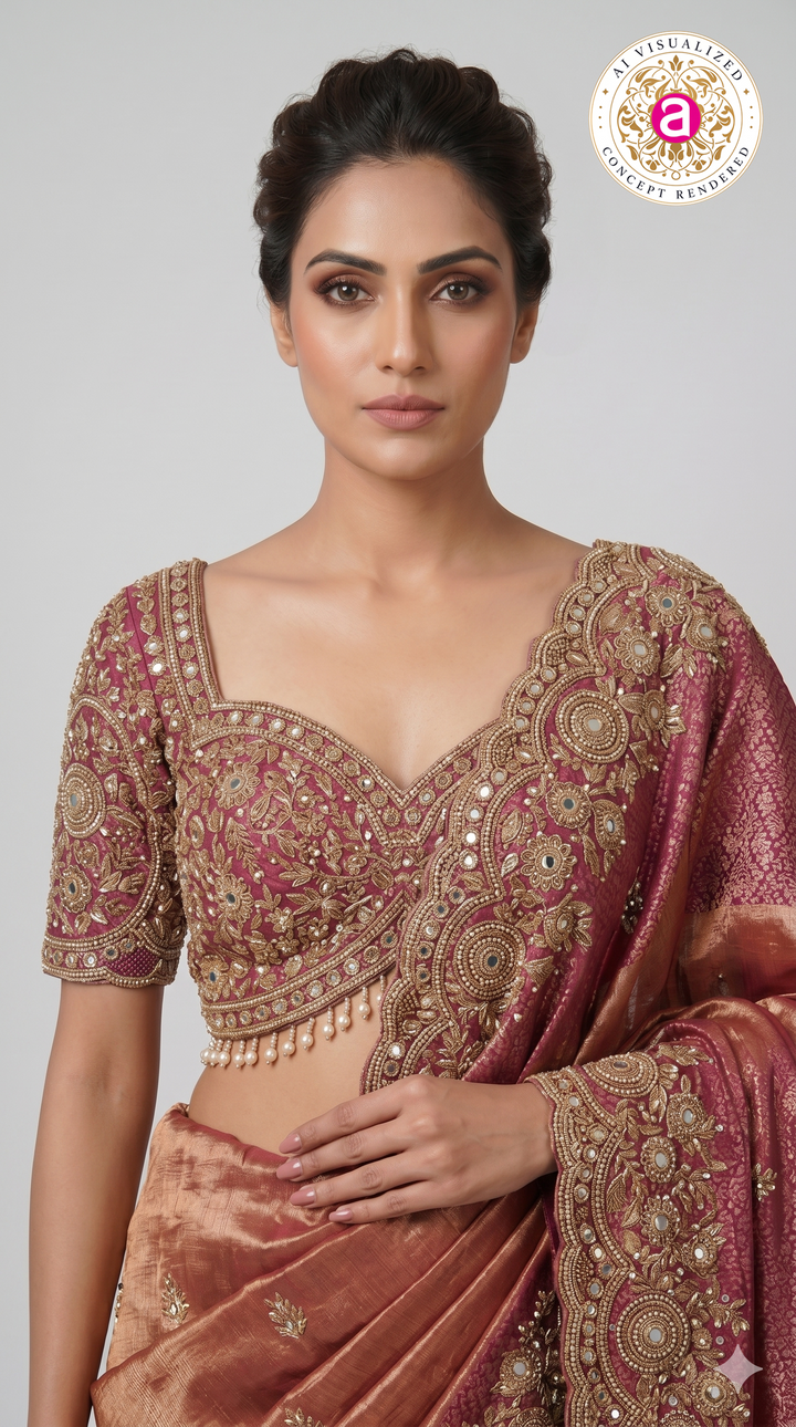 Rose Gold Tissue Saree with Wine Embroidered Border