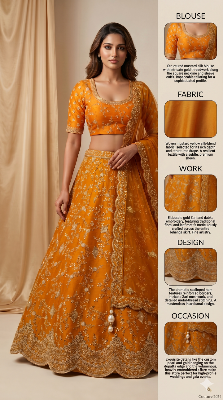 Mustard Yellow Designer Bridal Lehenga Set with Heavy Zari Embroidery & Net Dupatta