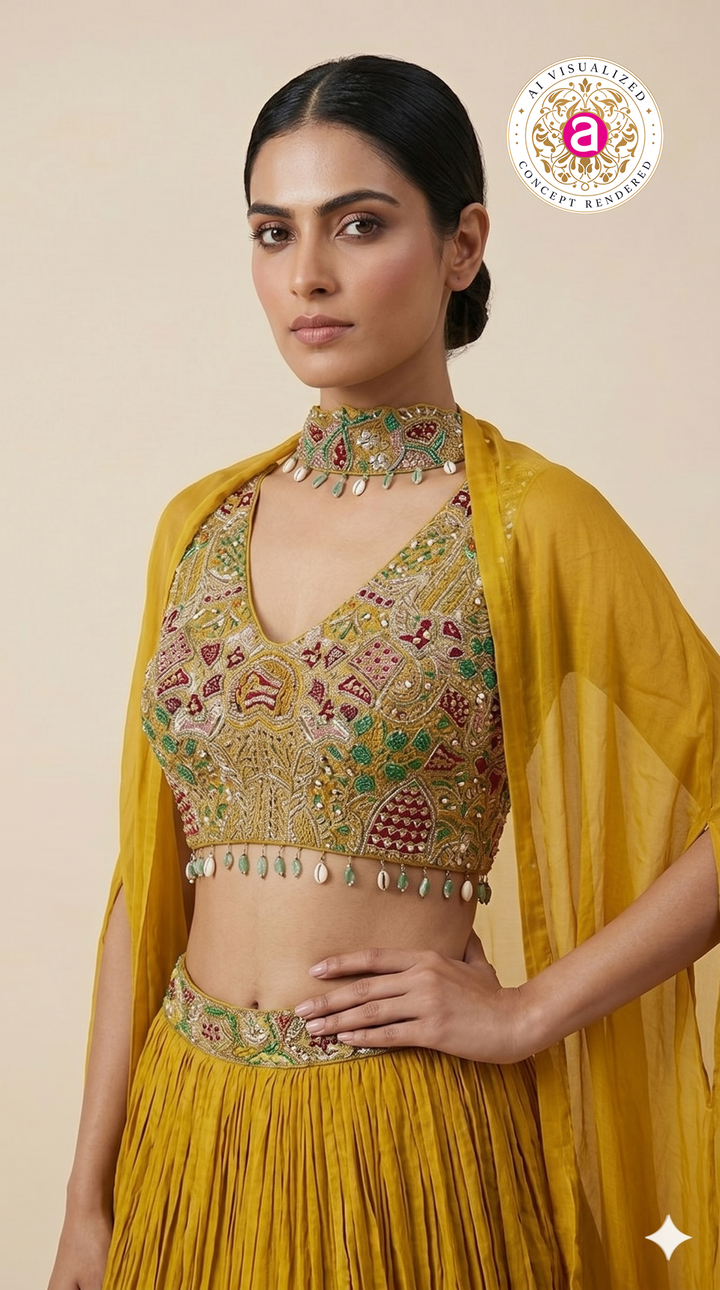 Mustard Yellow Embroidered Lehenga Set with Cape Sleeves & Choker Detail