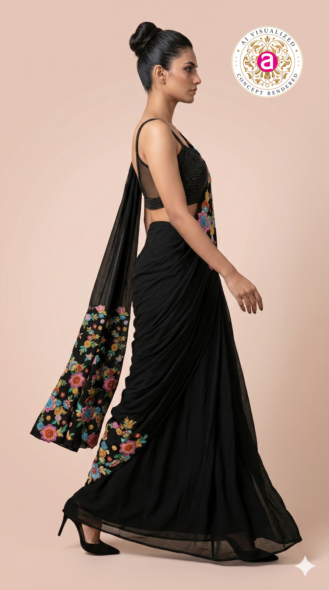 Black Ready to Wear Saree with Floral Embroidered Designer Border