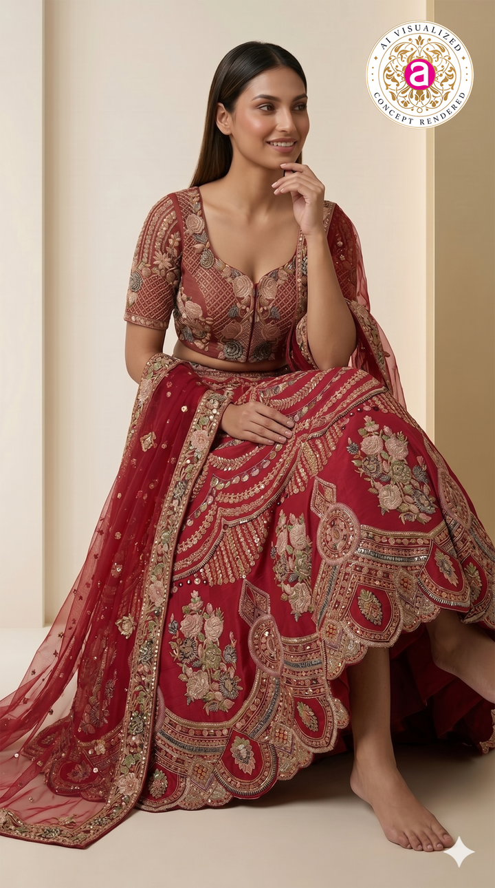 Ruby Red Designer Bridal Lehenga Set with Floral Embroidery & Ornate Zari Detailing