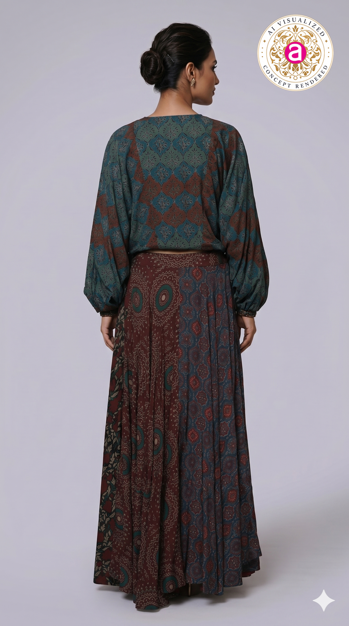 Bohemian Printed Co-Ord Set with Embellished Crop Top & Maxi Skirt