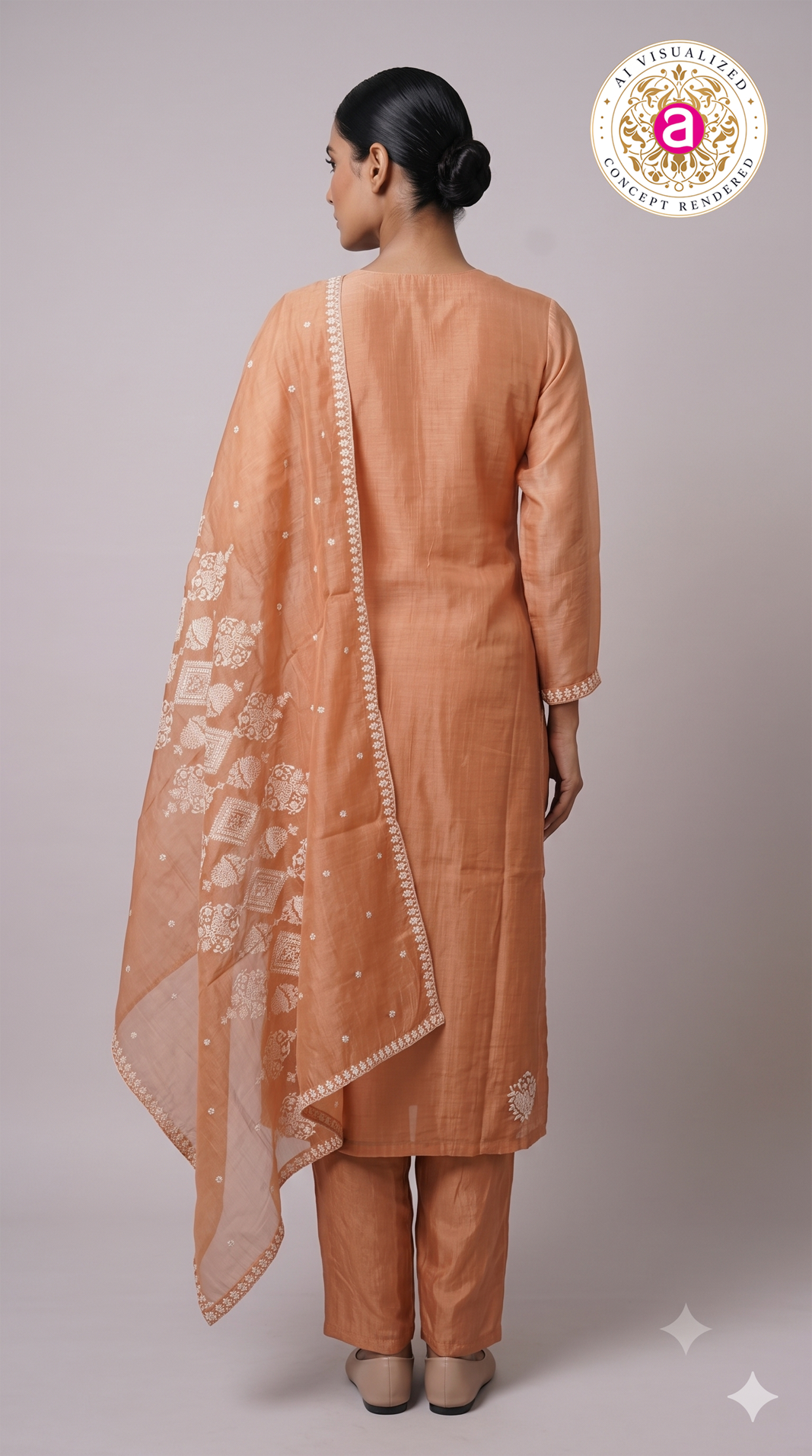 Peach Embroidered Straight Kurta Set with Matching Pants & Dupatta